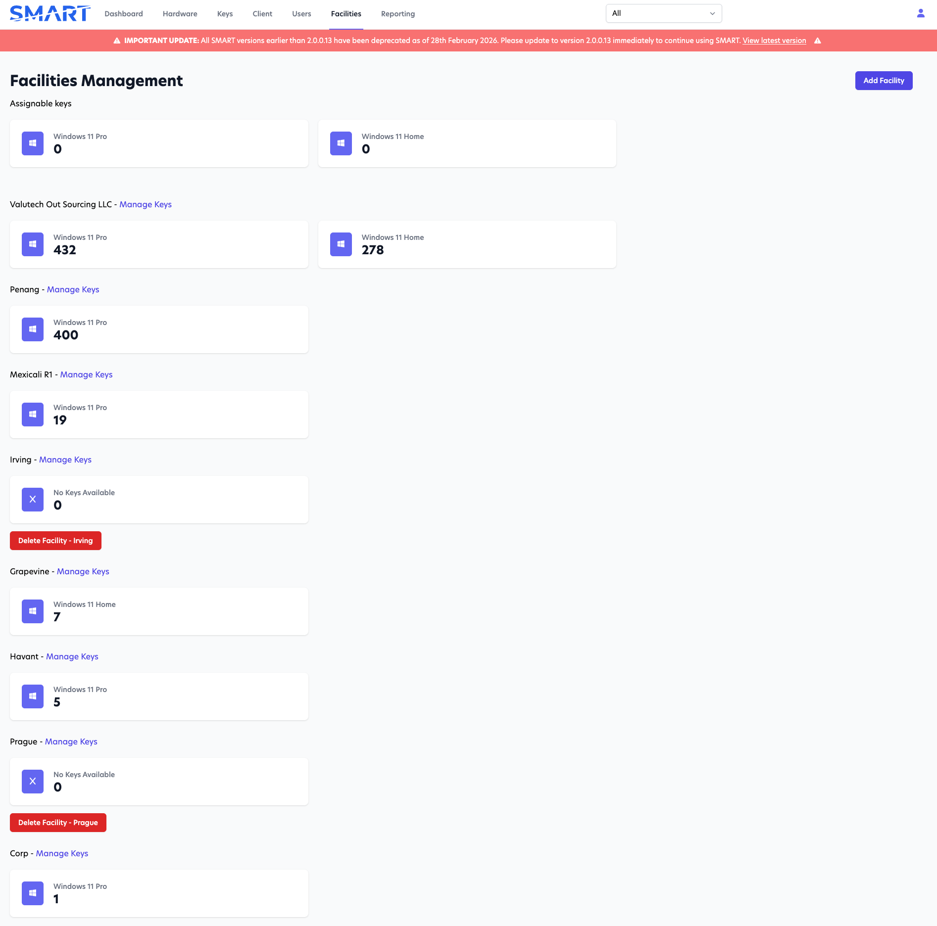 SMART facility management screen